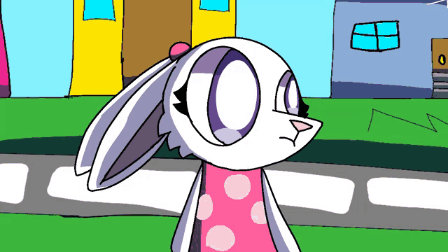 a cartoon of a white rabbit with purple eyes