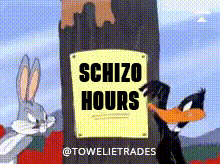 bugs bunny and daffy duck stand next to a sign that says schizo hours