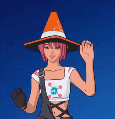 a cartoon girl with pink hair is wearing a witch hat and gloves .