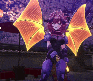 a purple and orange anime character with wings