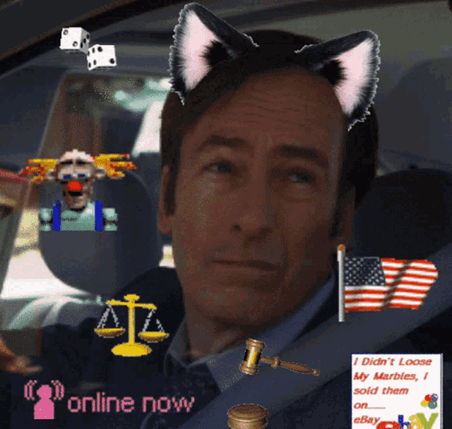 a man in a car with cat ears and a sign that says ' online now '