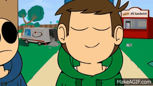 a cartoon character with his eyes closed in front of a jim sandwich shop