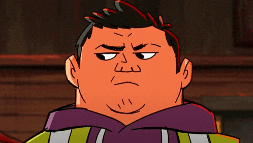 a cartoon drawing of a man with a purple hoodie on