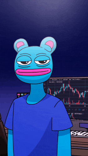 a cartoon character with a bear head and a blue shirt is standing in front of a computer screen with a graph on it