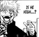 a black and white drawing of a man holding a gun and asking is he high ?
