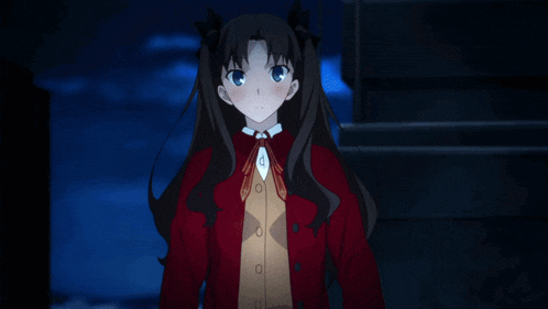 a girl in a red jacket with buttons on it