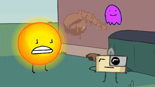 a cartoon drawing of a purple ghost and a yellow ball