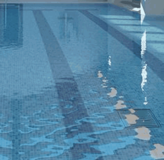 a swimming pool with blue tiles and a drain on the floor