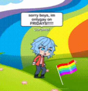 a pixel art of a boy holding a rainbow flag