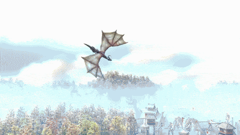a dragon is flying over a village with a castle in the background