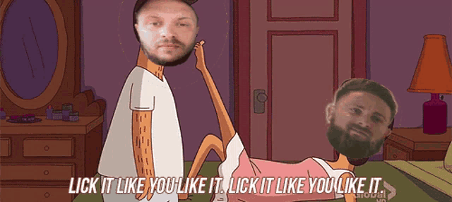 a cartoon of a man licking another man 's butt with the words " lick it like you like it "