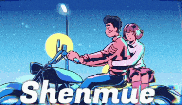 a cartoon of a man and a woman riding a motorcycle with the word shenmue written below them