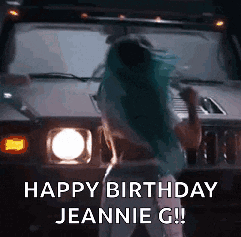 a woman with blue hair is dancing in front of a hummer and says happy birthday jeannie g !