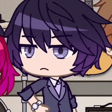 a cartoon character with purple hair and blue eyes