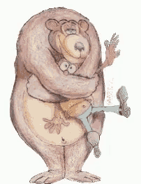 a cartoon drawing of a bear hugging a boy with the name ivonne j. written on the bottom