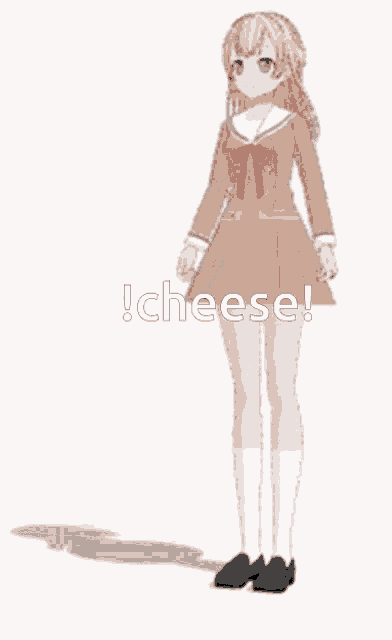 a girl in a school uniform is standing in front of a sign that says ! cheese !