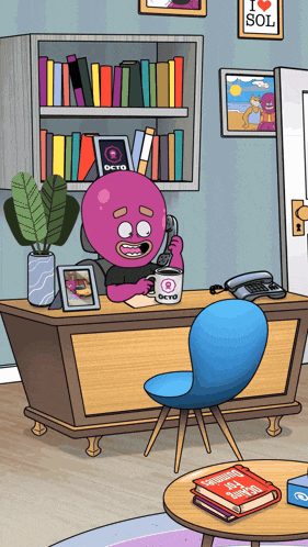 a cartoon octopus is sitting at a desk talking on a cell phone