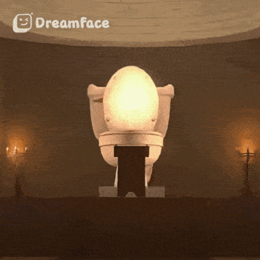 a toilet is lit up in a dark room with a dreamface logo