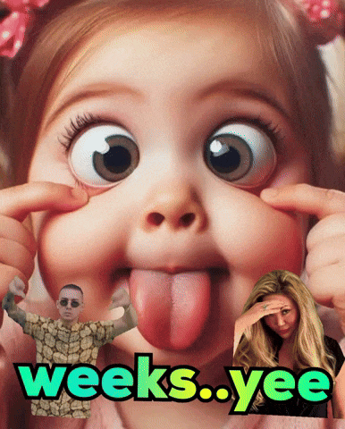 a picture of a baby sticking its tongue out and the words weeks yee