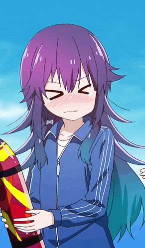 a girl with purple hair is holding a surfboard and making a face