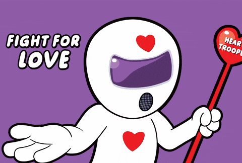 a cartoon character is holding a heart trooper stick