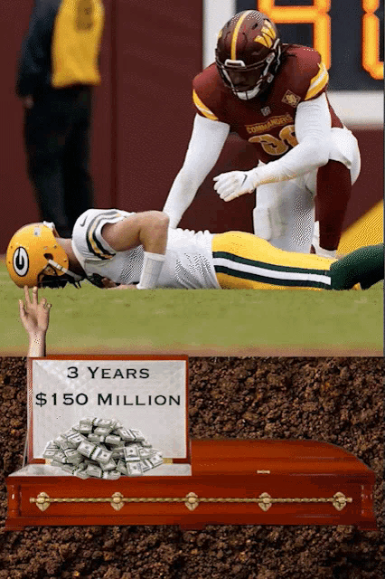 a picture of a football player laying on the field with a sign that says 3 years $ 150 million