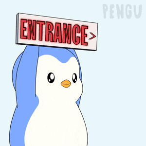a cartoon penguin is holding an entrance sign above its head