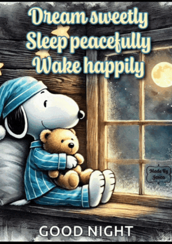snoopy is sitting on a window sill holding a teddy bear and says good night