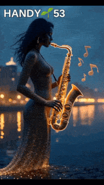 a woman in a long dress is playing a saxophone and the number 53 is on the bottom