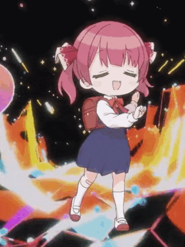 a little girl with pink hair is dancing with a backpack on her back