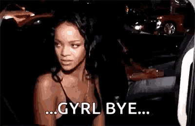 a woman in a black dress is sitting in a car and saying `` gurl bye '' .