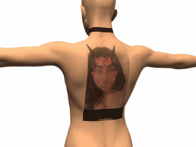 the back of a person with a tattoo of a woman with horns