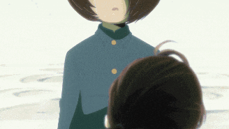 a cartoon of a girl with brown hair and a blue shirt