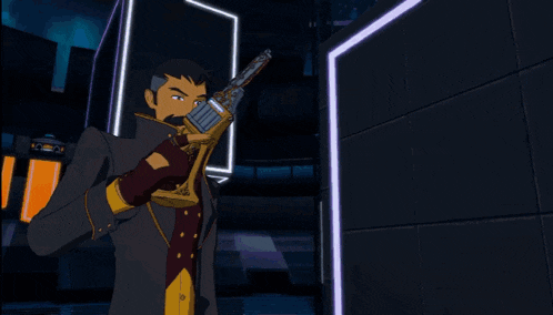 a man in a white coat is holding a gun in front of a large screen