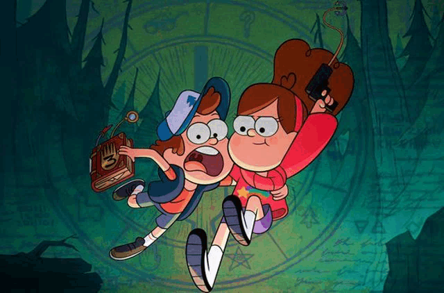a cartoon of a boy and a girl from gravity falls flying through the air