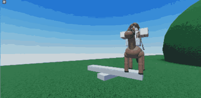 a horse is sitting on a seesaw in a game