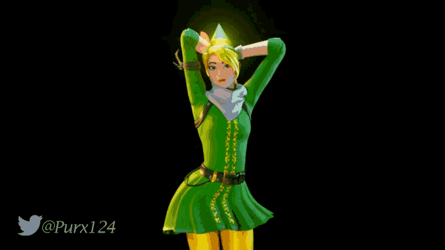a picture of a girl in a green and yellow outfit with the twitter username purx124 at the bottom