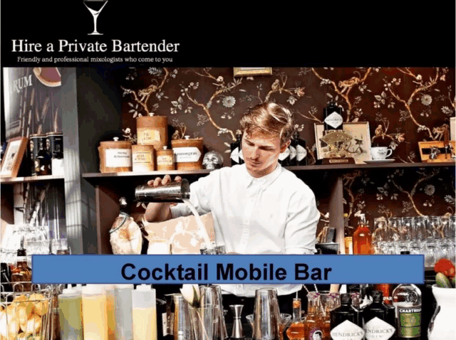 an ad for hire a private bartender shows a bartender preparing a drink