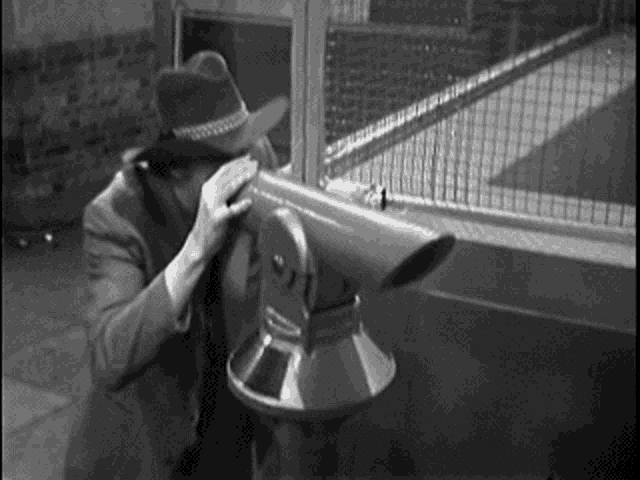 a man in a fedora is looking through a telescope .
