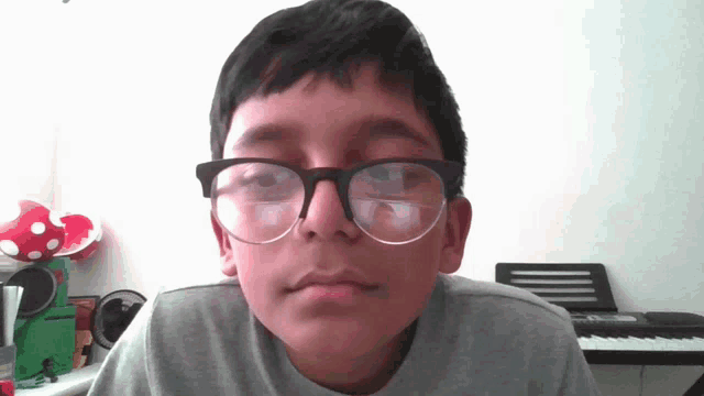 a young boy wearing glasses and a gray shirt looks at the camera