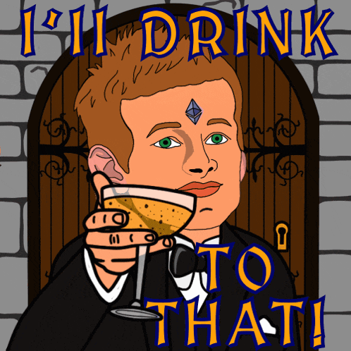 a cartoon of a man holding a glass of wine with the words " i 'll drink to that " above him