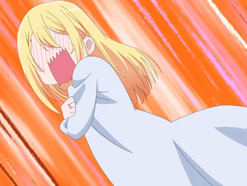 a girl with blonde hair and a blue dress is making a surprised face