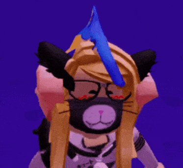 a cartoon character wearing a cat mask and glasses with a blue sword on her head .