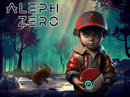 a poster for aleph zero shows a young boy holding a pokemon