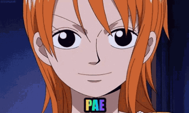 nami from one piece has a rainbow colored sticker on her neck that says pae