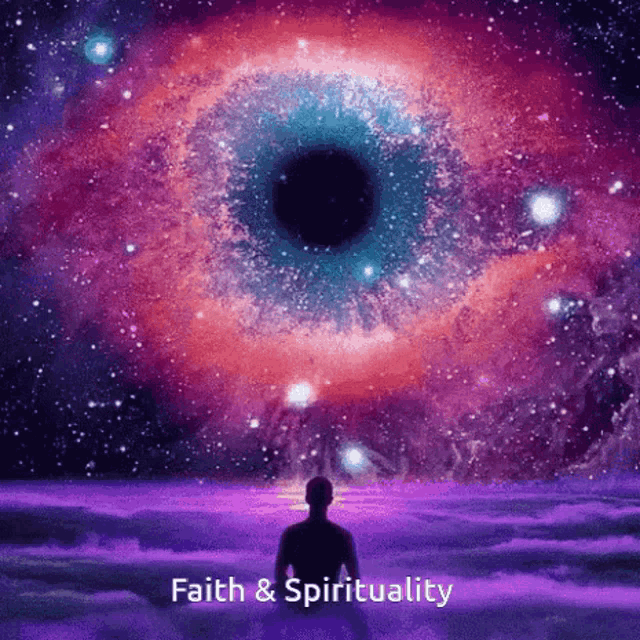 a man is standing in front of a large eye in the sky with the words faith & spirituality below it