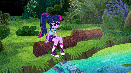 twilight sparkle is sitting on a log near a river in a cartoon .