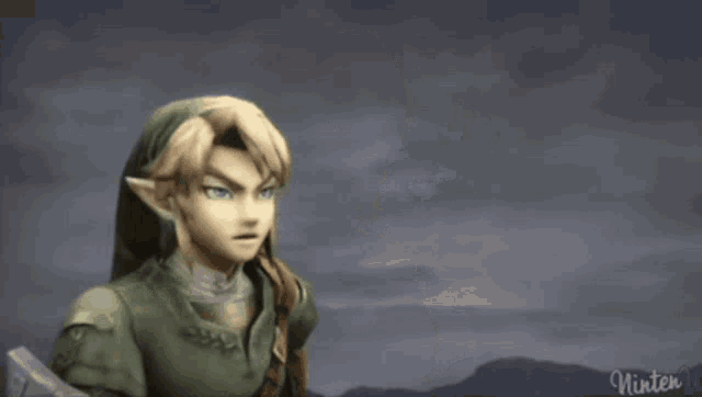 a video game character named link is holding a shield and looking at something