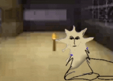 a drawing of a cartoon character with a face and a torch in the background .