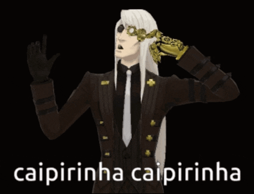 a man with long white hair is wearing a suit and tie and says ' caipirinha caipirinha ' on a black background